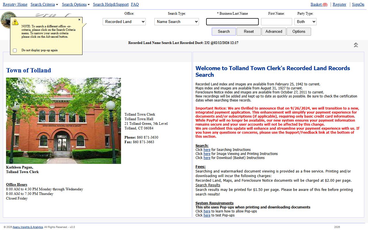 Tolland County property records reference image
